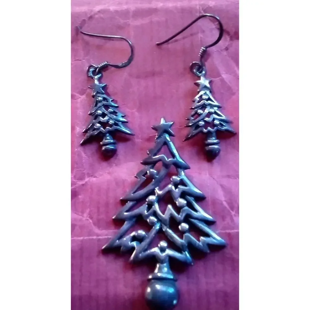 Vintage Sterling Silver Christmas Tree Earrings And Pendant 925 SE